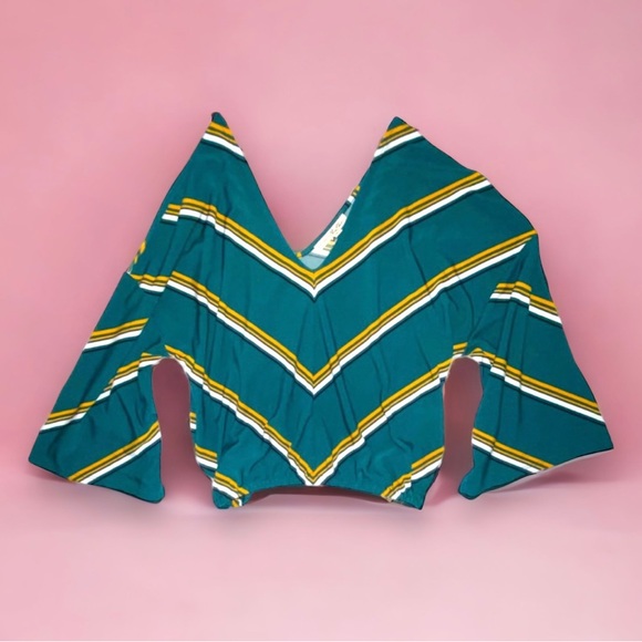 Express One Eleven Green Stripe Wide Sleeve Banded Bottom Top - Picture 2 of 8